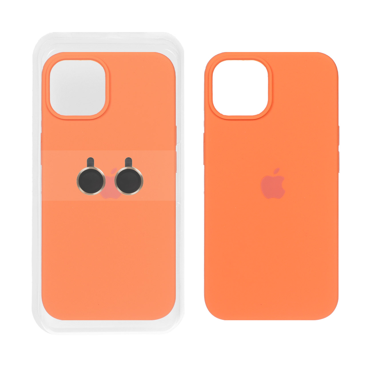 قاب سیلیکونی اورجینال با ست محافظ لنز رینگی Apple iPhone 13 / iPhone 14 - نارنجی (پک دار)