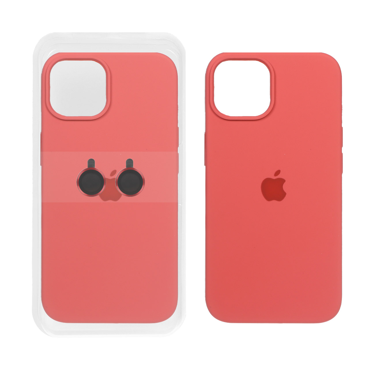 قاب سیلیکونی اورجینال با ست محافظ لنز رینگی Apple iPhone 13 / iPhone 14 - هلویی (پک دار)