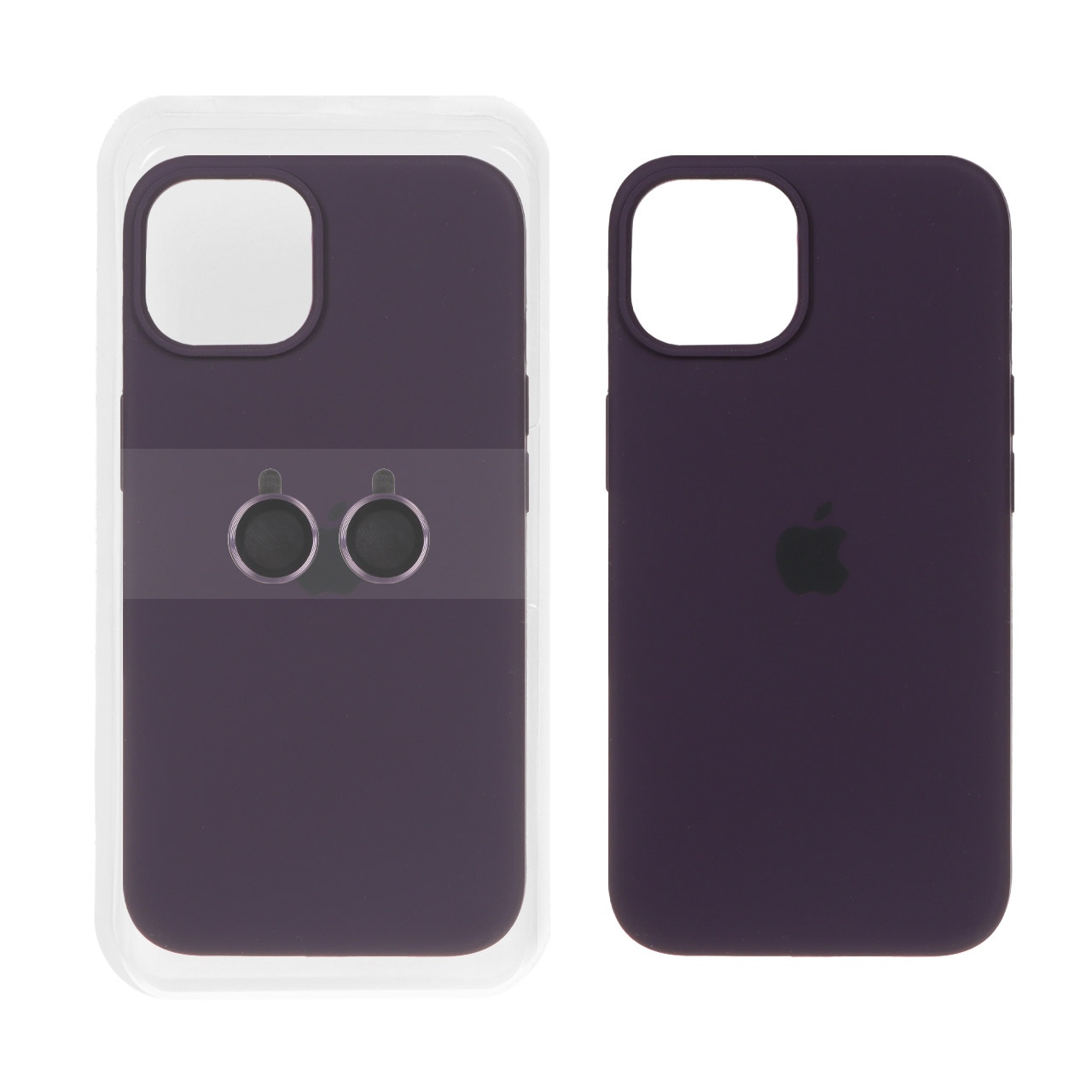قاب سیلیکونی اورجینال با ست محافظ لنز رینگی Apple iPhone 13 / iPhone 14 - بادمجانی (پک دار)