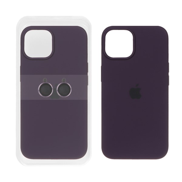 قاب سیلیکونی اورجینال با ست محافظ لنز رینگی Apple iPhone 13 / iPhone 14 - بادمجانی (پک دار)