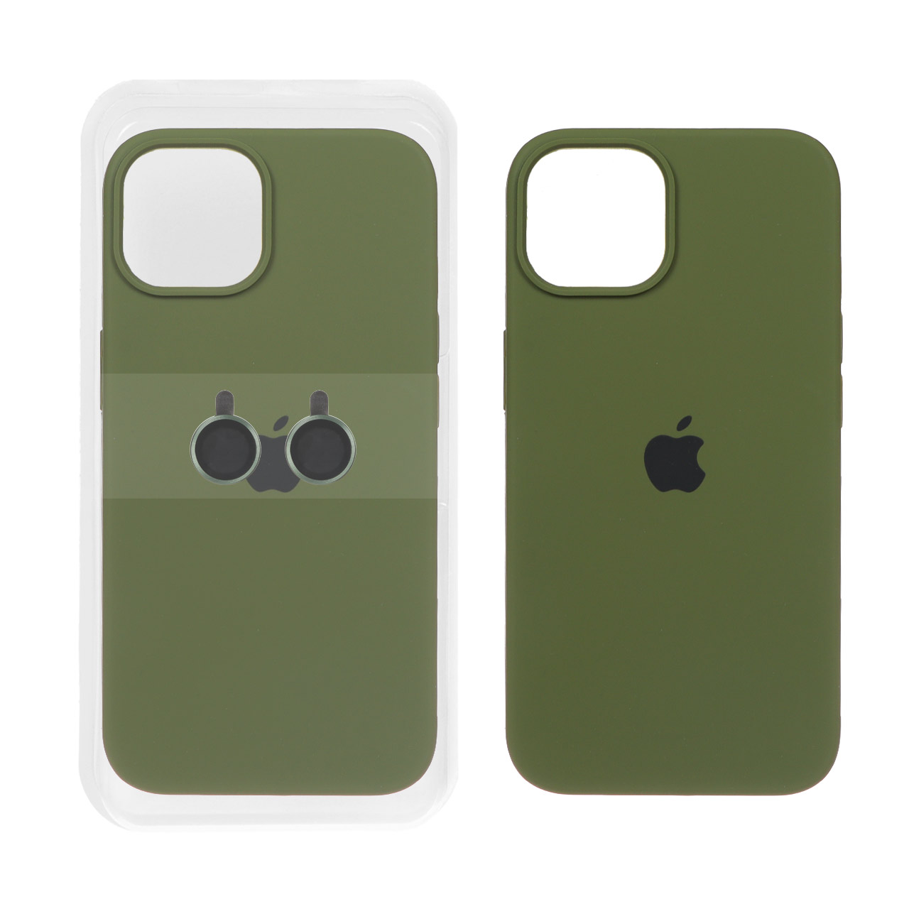 قاب سیلیکونی اورجینال با ست محافظ لنز رینگی Apple iPhone 13 / iPhone 14 - سبز زیتونی (پک دار)