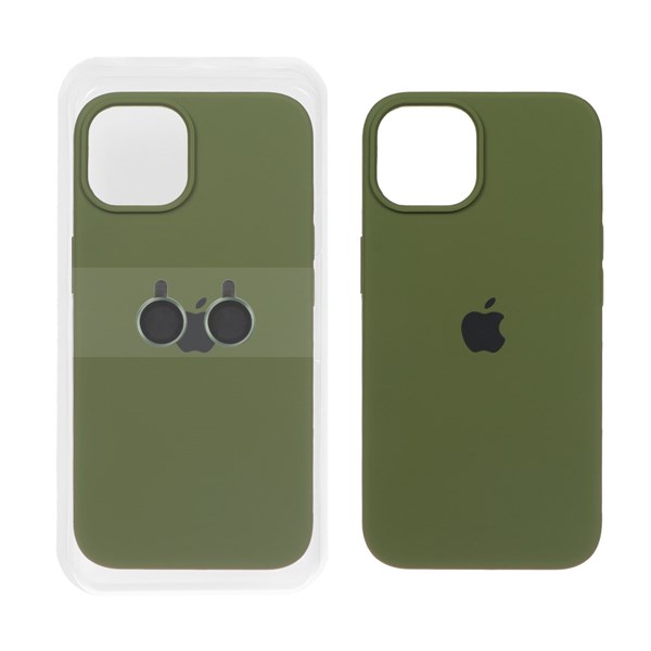 قاب سیلیکونی اورجینال با ست محافظ لنز رینگی Apple iPhone 13 / iPhone 14 - سبز زیتونی (پک دار)