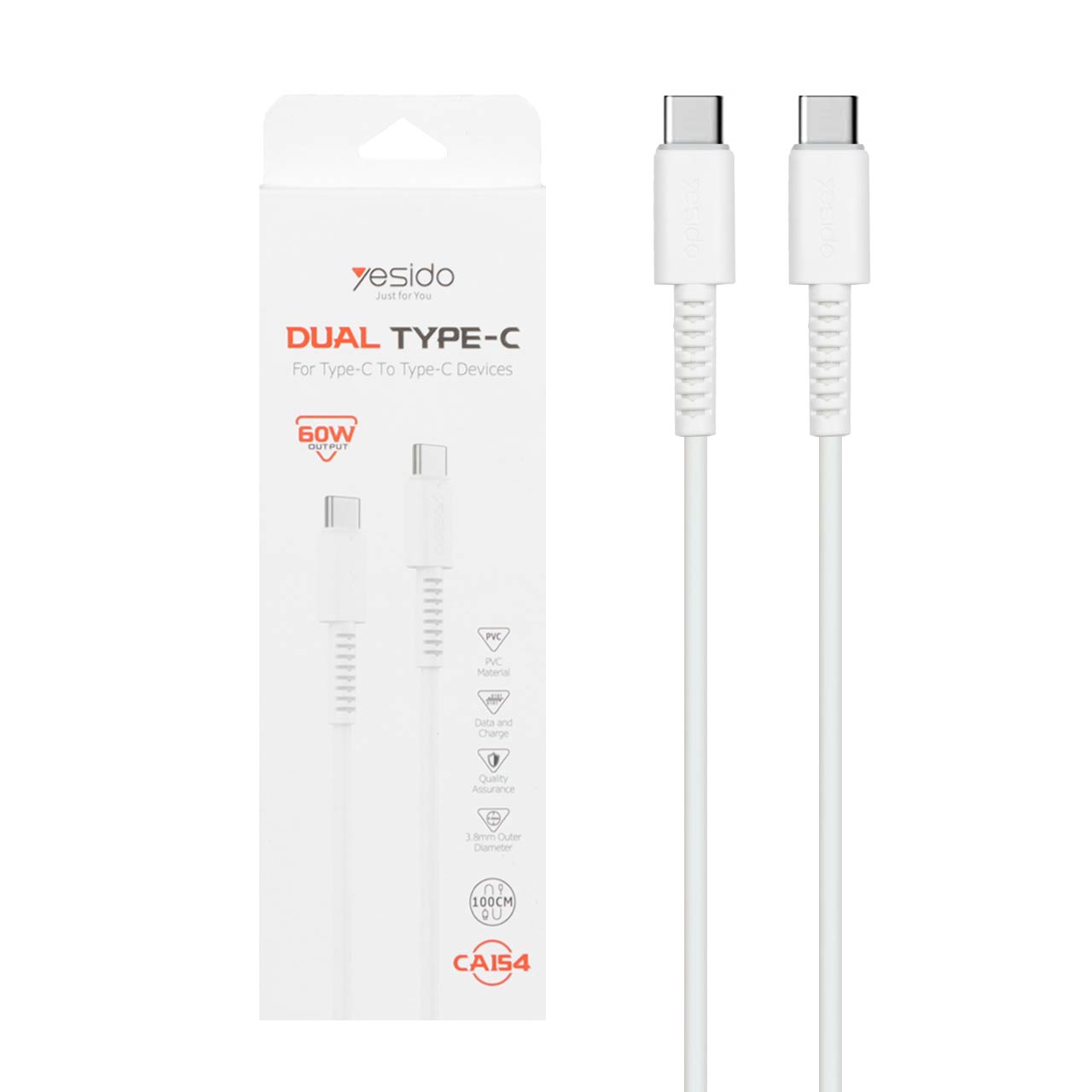 کابل شارژ فست Yesido Type-C to Type-C مدل CA154 - سفید (گارانتی 18 ماه تعویض نیکان همراه)