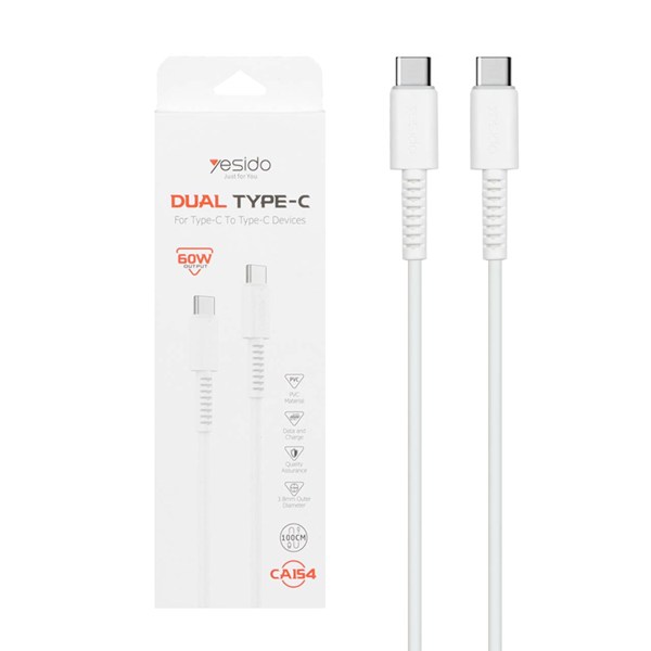 کابل شارژ فست Yesido Type-C to Type-C مدل CA154 - سفید (گارانتی 18 ماه تعویض نیکان همراه)