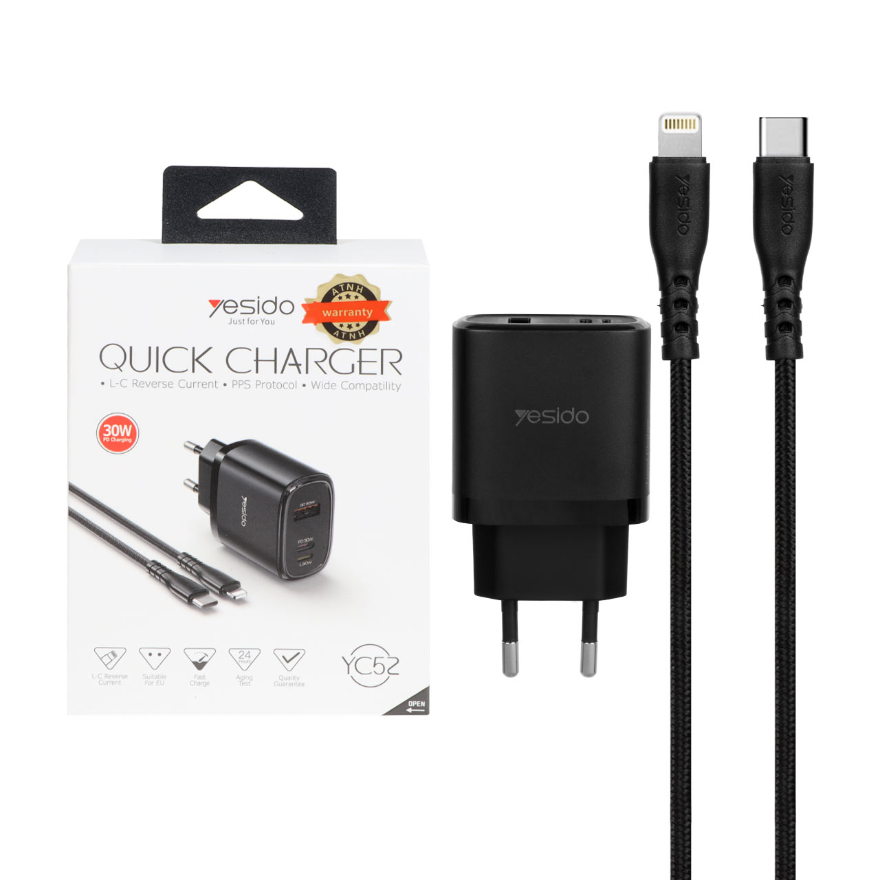 شارژر دیواری فست و PD سه پورت Yesido مدل YC52 30W به همراه کابل شارژ Type-C To Lightning - مشکی (گارانتی 18 ماه تعویض نیکان همراه)