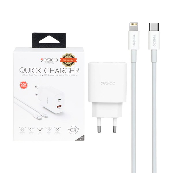 شارژر دیواری فست و PD دو پورت Yesido مدل YC47 20W به همراه کابل شارژ Type-C To Lightning - سفید (گارانتی 18 ماه تعویض نیکان همراه)