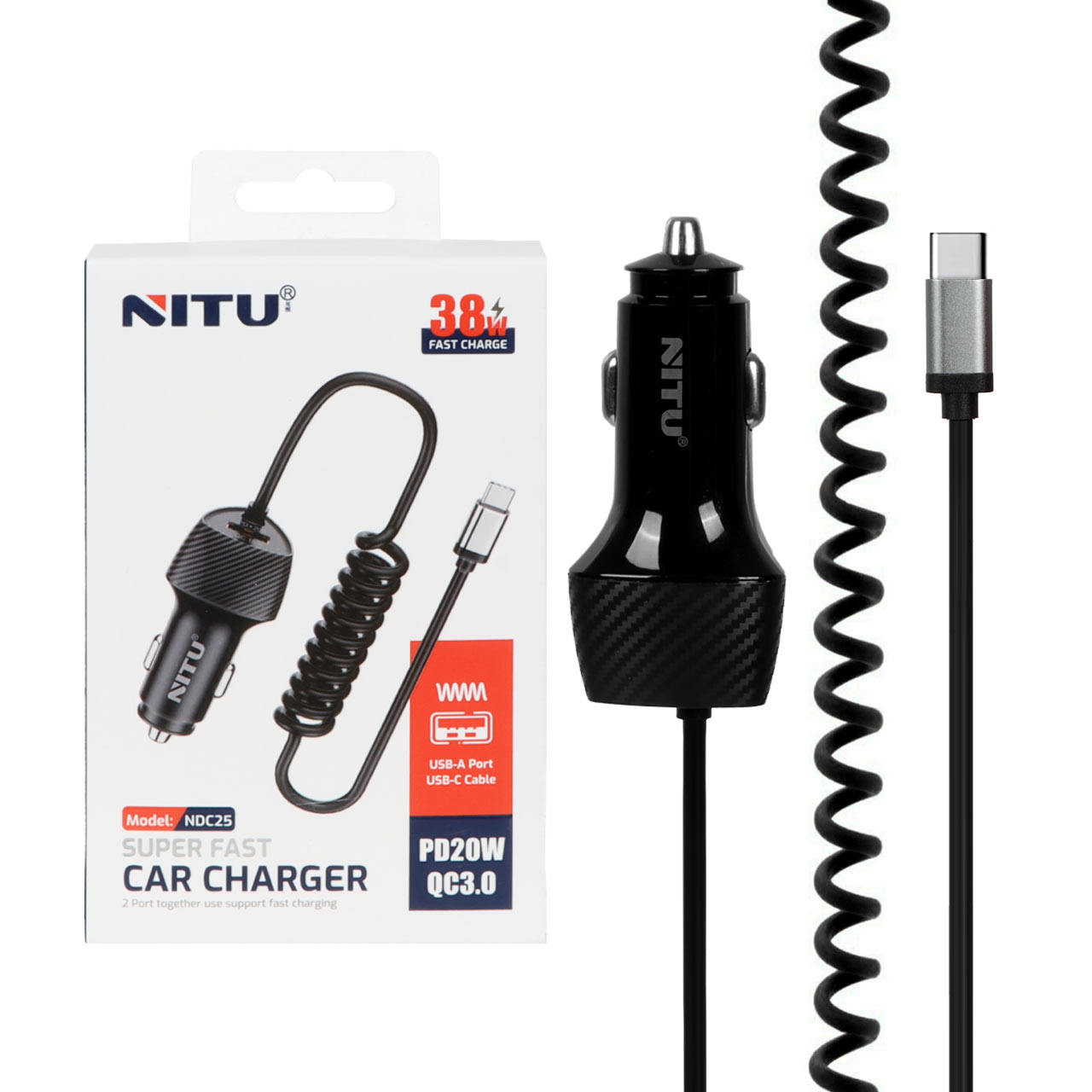 شارژر فندکی فست و PD تک پورت NITU مدل NDC25 38W بهمراه کابل متصل Type-C - مشکی (گارانتی 18 ماه تعویض نیکان همراه)