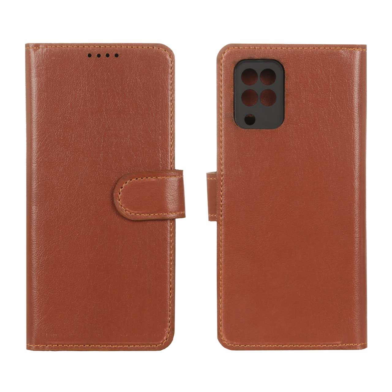کیف موبایل چرمی مگنتی محافظ لنزدار Samsung Galaxy A12 / M12 / F12 - قهوه ای