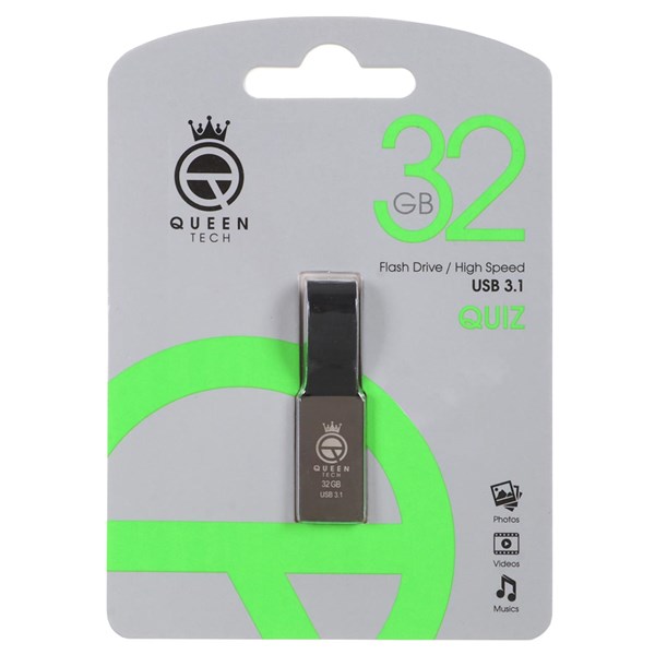 فلش مموری Queen tech USB3.1 مدل QUIZ ظرفیت 32GB - مشکی (گارانتی مادام العمر شرکت آی تین)