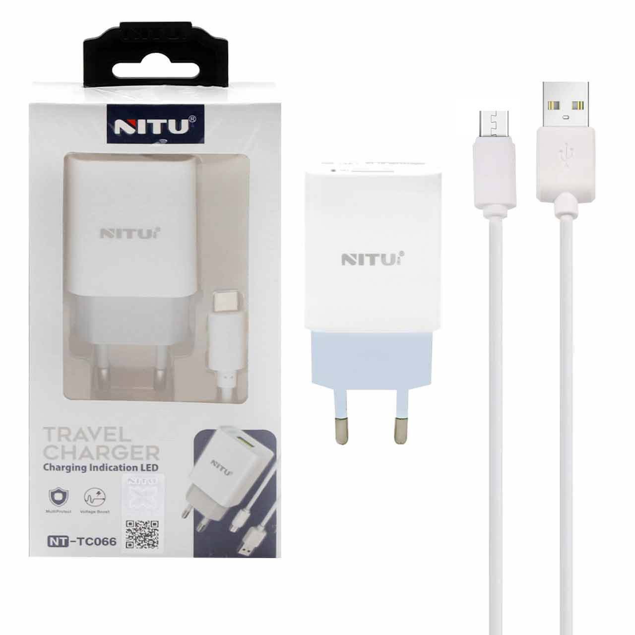 شارژر دیواری فست تک پورت Nitu مدل NT-TC066 به همراه کابل شارژ اندروید - سفید (گارانتی 18 ماه تعویض نیکان همراه)