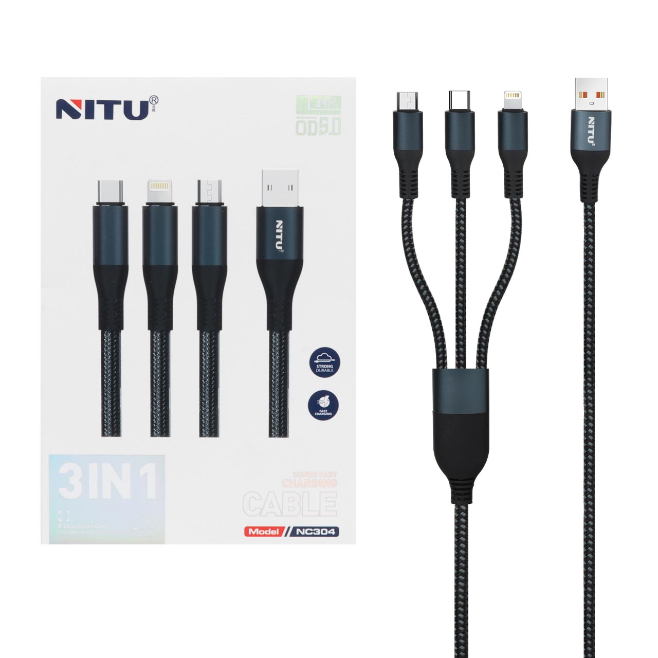 کابل شارژ و دیتا فست کنفی سه کاره Nitu مدل NC304 - سرمه ای (گارانتی 18 ماه تعویض نیکان همراه)
