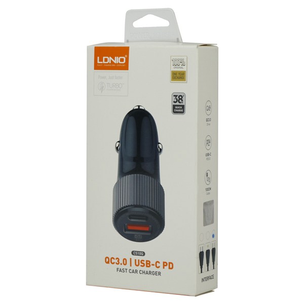 شارژر فندکی 38 وات الدینیو C510Q + کابل تایپ سی