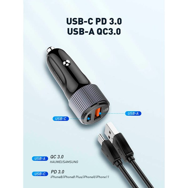 شارژر فندکی 38 وات الدینیو C510Q + کابل تایپ سی