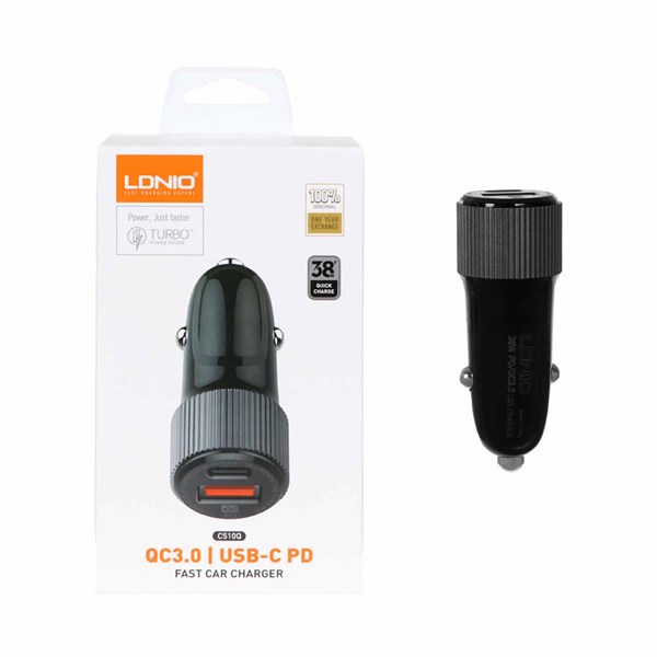 شارژر فندکی فست و PD دو پورت LDNIO مدل C510Q 38W به همراه کابل شارژ Type-C to Type-C - مشکی (اصلی)