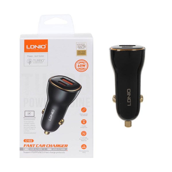 شارژر فندکی فست و PD دو پورت LDNIO مدل C103 60W به همراه کابل شارژ  Type-C TO Type-C - مشکی (اصلی)