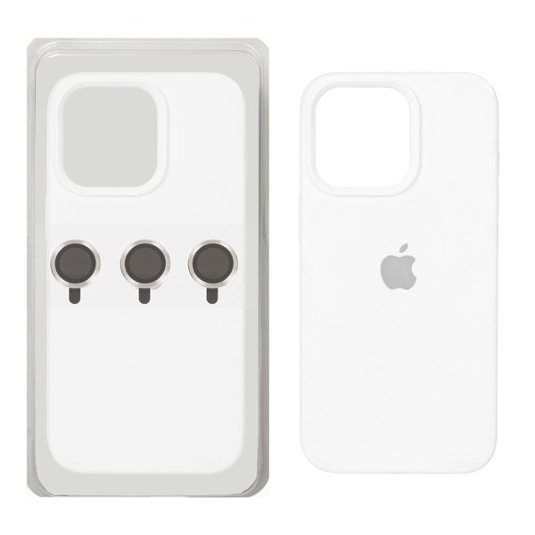 قاب سیلیکونی اورجینال با ست محافظ لنز رینگی Apple iPhone 13 Pro - سفید (پک دار)