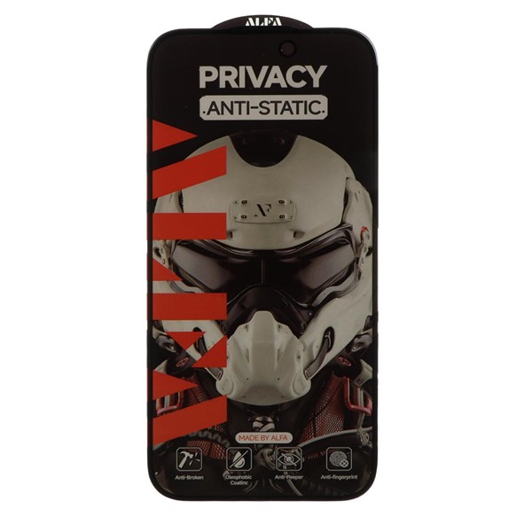 محافظ صفحه نمایش شیشه ای Full Cover ALFA Anti Static Privacy مدل Apple iPhone 16 / iPhone 15 / iPhone 14 Pro (بدون پک)