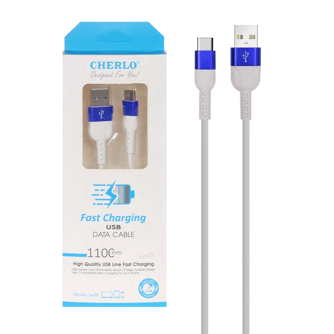 کابل شارژ 1.1 متری فست CHERLO Type-C مدل CH-TC06 - سفید - SMO