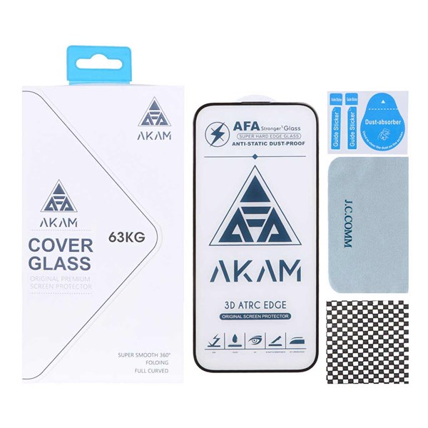 محافظ صفحه نمایش شیشه ای اورجینال Full Cover - AKAM مدل Apple iPhone 14 pro max به همراه دستمال و پد سیلیکونی (پک دار)
