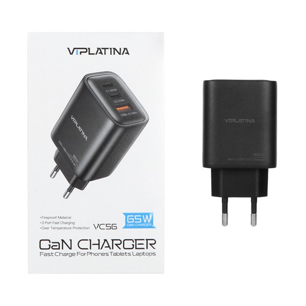 شارژر دیواری فست و PD سه پورت VIPLATINA مدل VC56 65W - مشکی (گارانتی 18 ماه تعویض نیکان همراه)