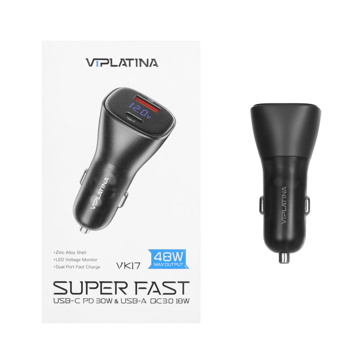 شارژر فندکی فست و PD دو پورت VIPLATINA مدل VK17 48W - مشکی (گارانتی 18 ماه تعویض نیکان همراه)