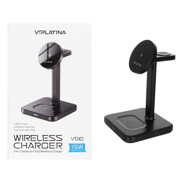 شارژر وایرلس سه کاره 15 وات VIPLATINA مدل VD10 - مشکی (گارانتی 18 ماه تعویض نیکان همراه)