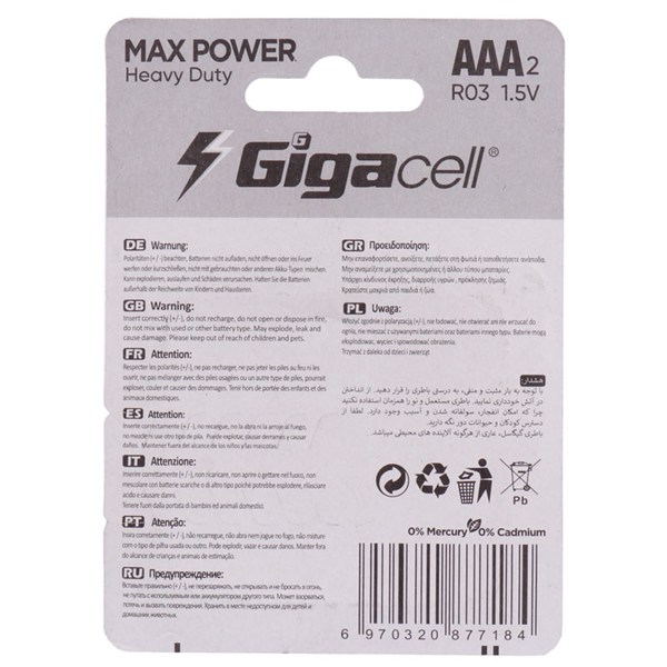 باتری دوتایی نیم قلمی گیگاسل Max Power Heavy Duty R03