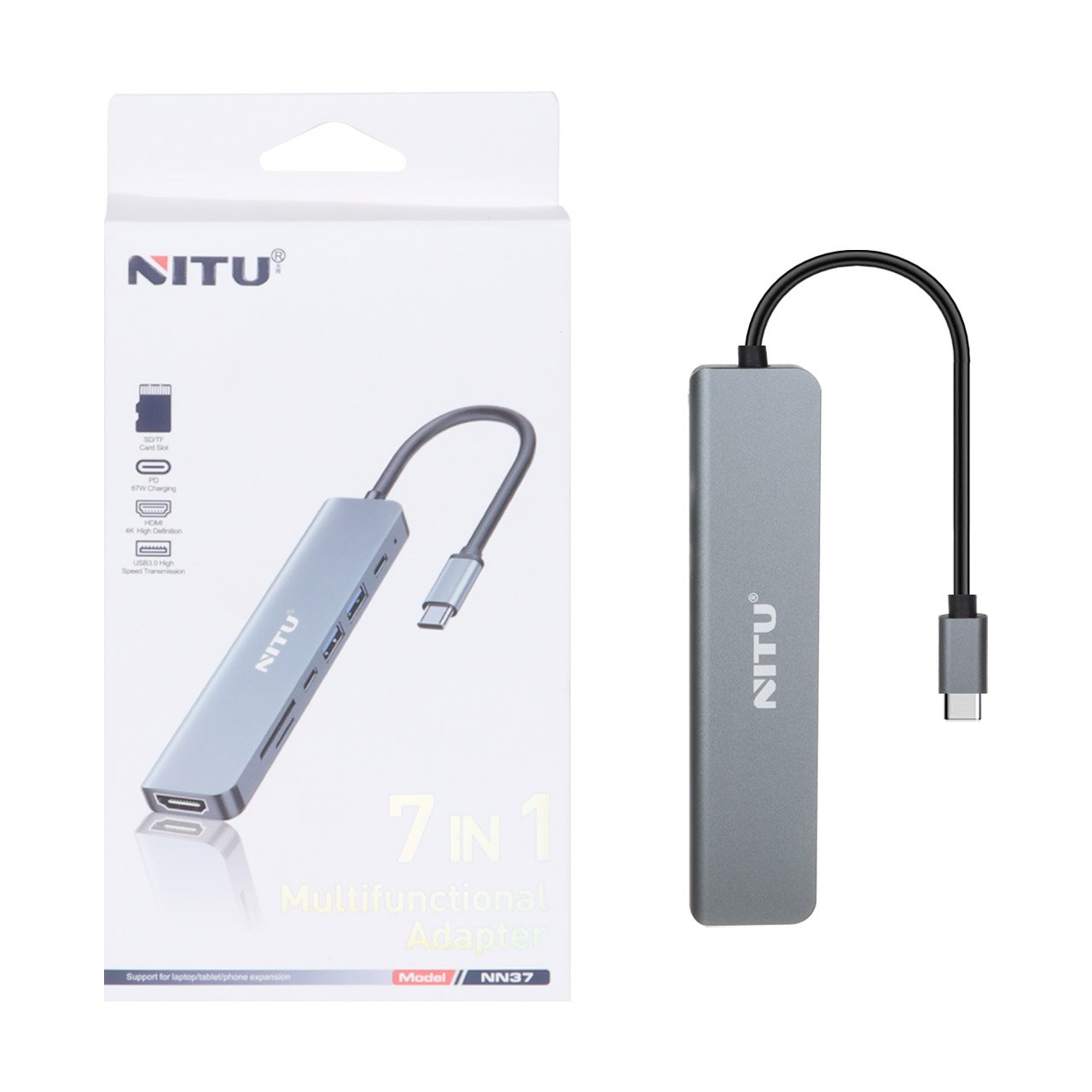 هاب 7 پورت NITU Type-C مدل NN37 - خاکستری (گارانتی 12 ماه تعویض نیکان همراه)