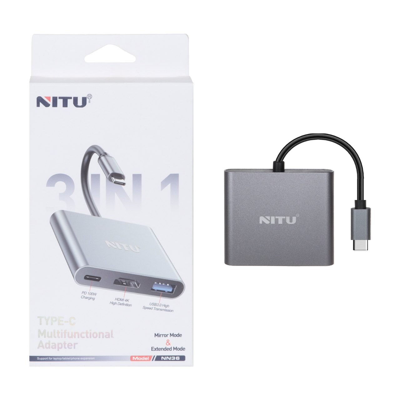 هاب و تبدیل Type-C به HDMI مدل NITU NN36 - رنگ خاکستری (گارانتی 18 ماه تعویض نیکان همراه)