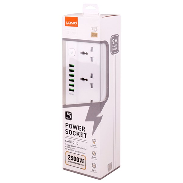 چند راهی 5 خانه ارت دار الدینیو SC5614 با کابل 2 متری + شارژر USB