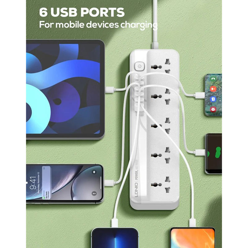 چند راهی 5 خانه ارت دار الدینیو SC5614 با کابل 2 متری + شارژر USB