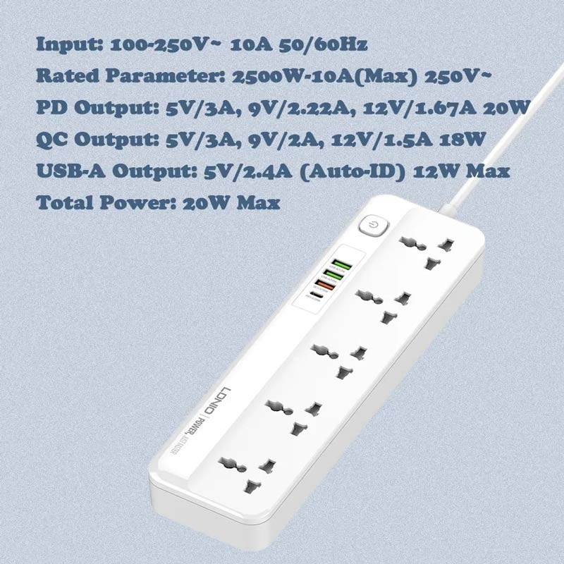 چند راهی 5 خانه الدینیو SC5415 با کابل 2 متری + شارژر USB و Type-C