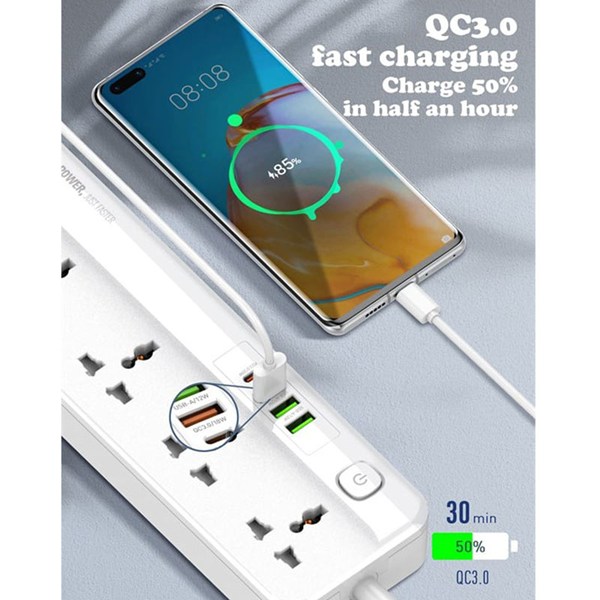 چند راهی 5 خانه الدینیو SC5415 با کابل 2 متری + شارژر USB و Type-C