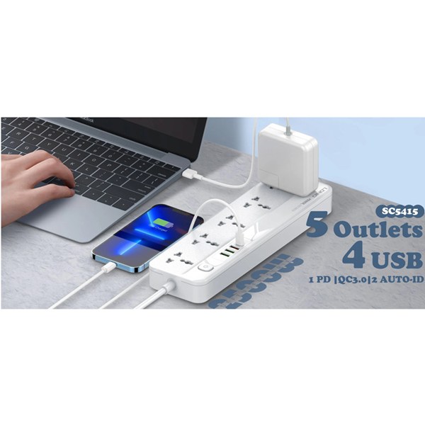 چند راهی 5 خانه الدینیو SC5415 با کابل 2 متری + شارژر USB و Type-C