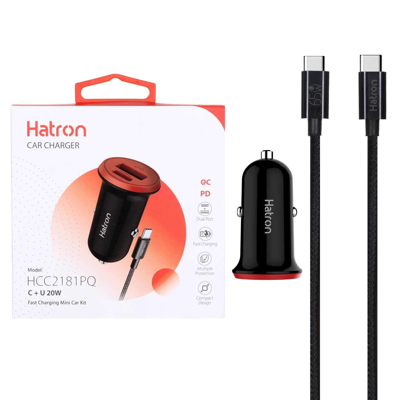 شارژر فندکی فست و PD دو پورت Hatron مدل HCC2181PQ 20W به همراه کابل شارژ Type-C - مشکی