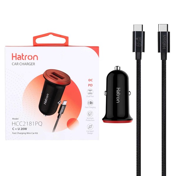 شارژر فندکی فست و PD دو پورت Hatron مدل HCC2181PQ 20W به همراه کابل شارژ Type-C - مشکی