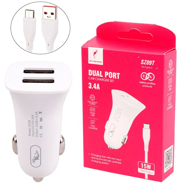 شارژر فندکی 15 وات اسکای دلفین SZ09T + کابل تایپ سی