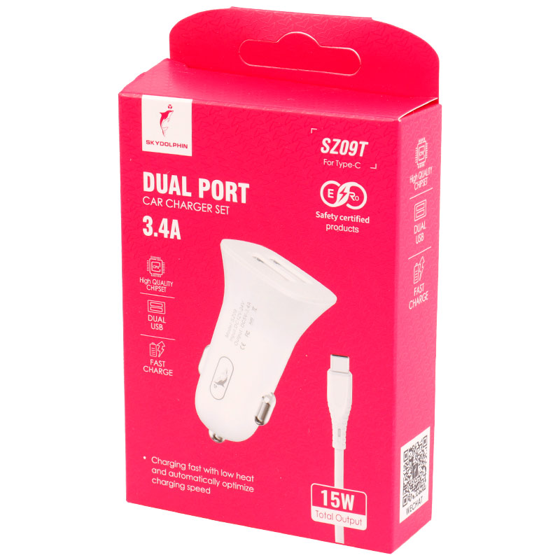 شارژر فندکی 15 وات اسکای دلفین SZ09T + کابل تایپ سی