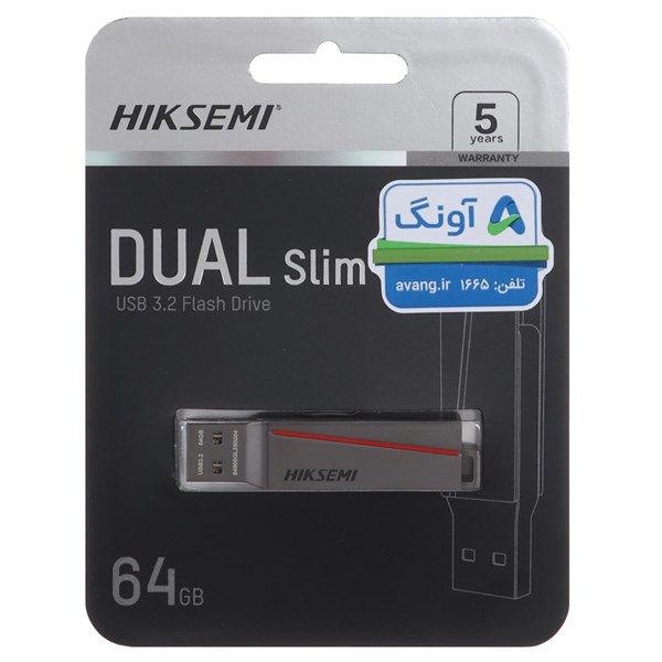 فلش مموری Hiksemi USB3.2 Type-C مدل DUAL Slim ظرفیت 64GB - خاکستری (گارانتی آونگ)