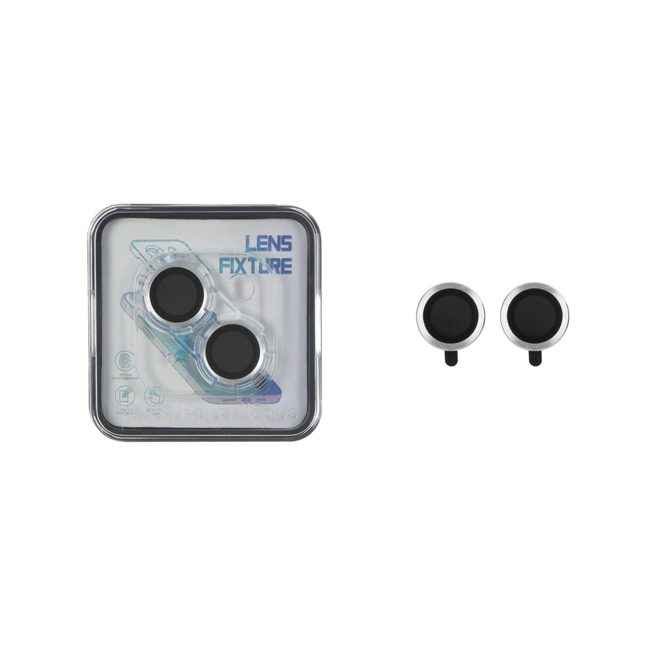 محافظ لنز رینگی اورجینال Lens Fixture شابلون دار Apple iPhone 15 / iPhone 14 / iPhone 15 plus / iPhone 14 plus - نقره ای (پک دار)