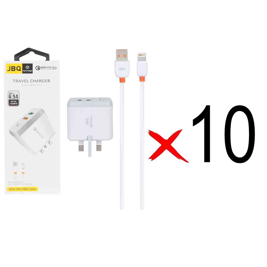 شارژر دیواری فست دو پورت JBQ مدل F-2USB 18W همراه با کابل آیفون - سفید (گارانتی یکساله رصاصی) (بسته 10 عددی)