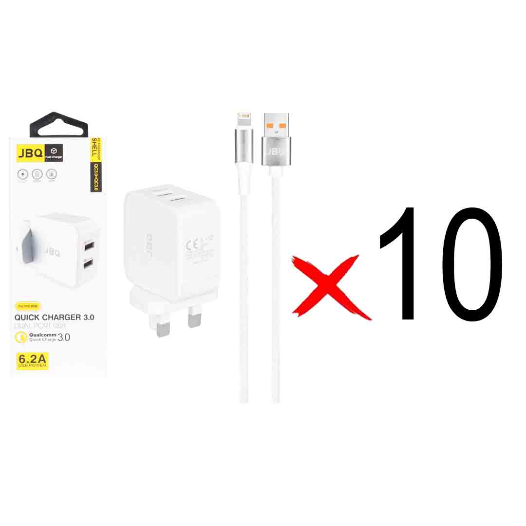 شارژر دیواری فست دو پورت JBQ مدل HC-12F2 30W همراه با کابل آیفون - سفید (گارانتی یکساله رصاصی) (بسته 10 عددی)