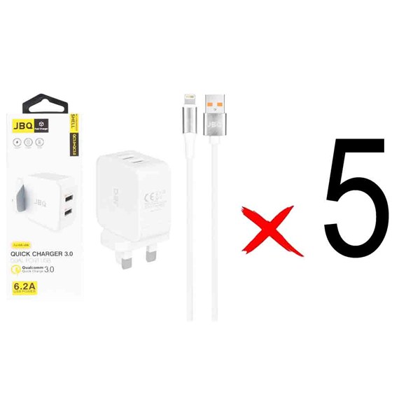 شارژر دیواری فست دو پورت JBQ مدل HC-12F2 30W همراه با کابل آیفون - سفید (گارانتی یکساله رصاصی) (بسته 5 عددی)