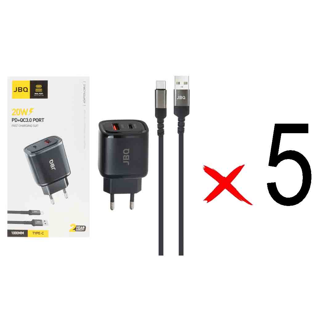 شارژر دیواری فست و PD دو پورت JBQ مدل HC-NP20 20W همراه با کابل Type-C - مشکی (گارانتی یکساله رصاصی) (بسته 5 عددی)