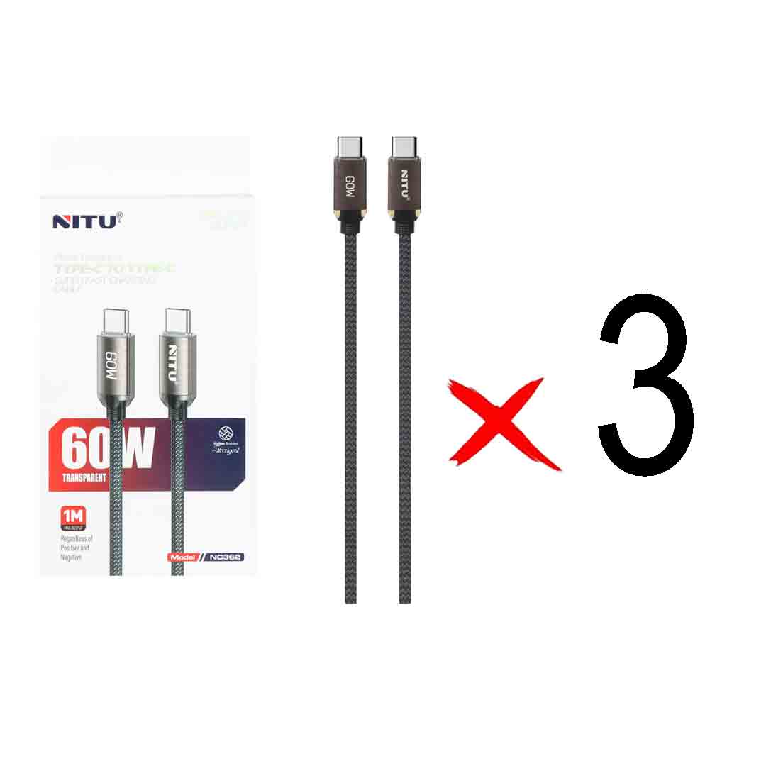 کابل شارژ فست Nitu Type-C To Type-C مدل NC362 60W - مشکی (گارانتی 18 ماه تعویض نیکان همراه) (بسته 3 عددی)