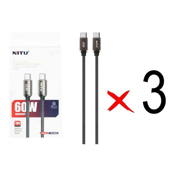 کابل شارژ فست Nitu Type-C To Type-C مدل NC362 60W - مشکی (گارانتی 18 ماه تعویض نیکان همراه) (بسته 3 عددی)