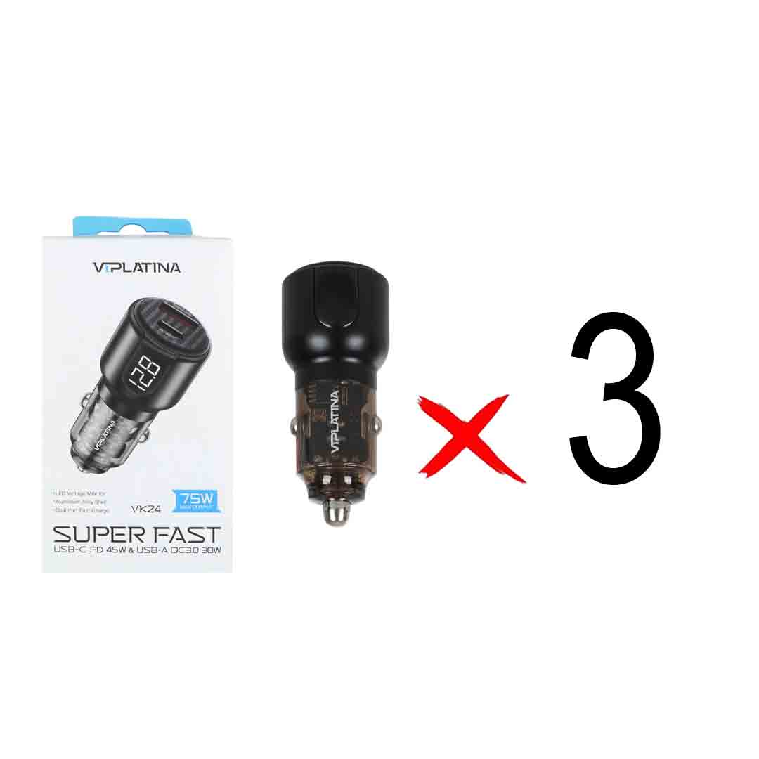 شارژر فندکی فست و PD دو پورت VIPLATINA مدل VK24 75W - مشکی (گارانتی 18 ماه تعویض نیکان همراه) (بسته 3 عددی)