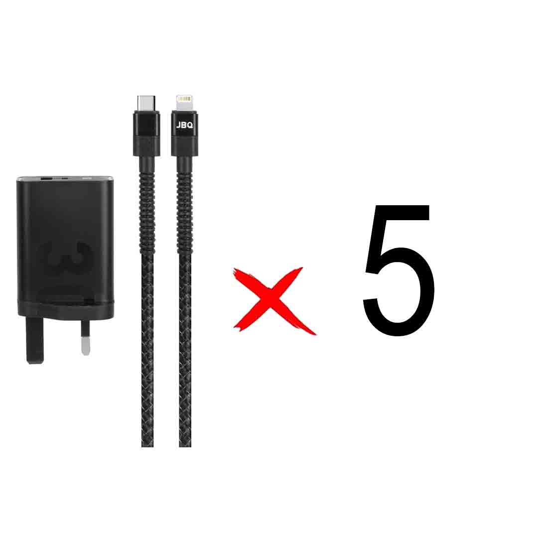 شارژر دیواری فست دو پورت JBQ مدل HC-30w 30W همراه با کابل Type-C To Lightning - مشکی (بسته 5 عددی)