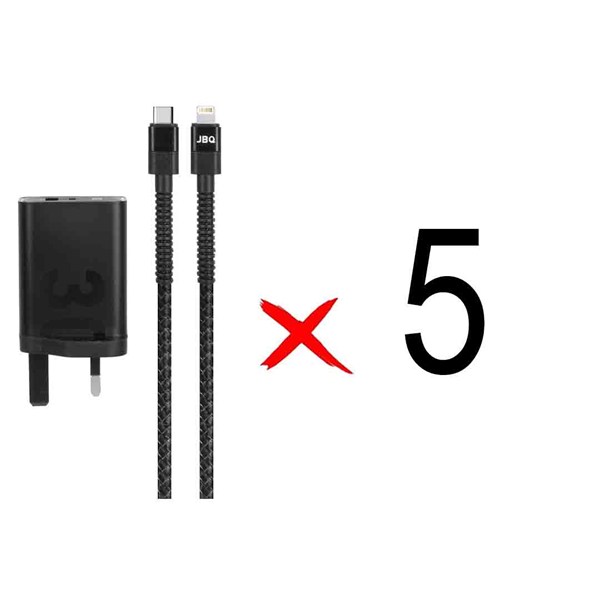 شارژر دیواری فست دو پورت JBQ مدل HC-30w 30W همراه با کابل Type-C To Lightning - مشکی (بسته 5 عددی)
