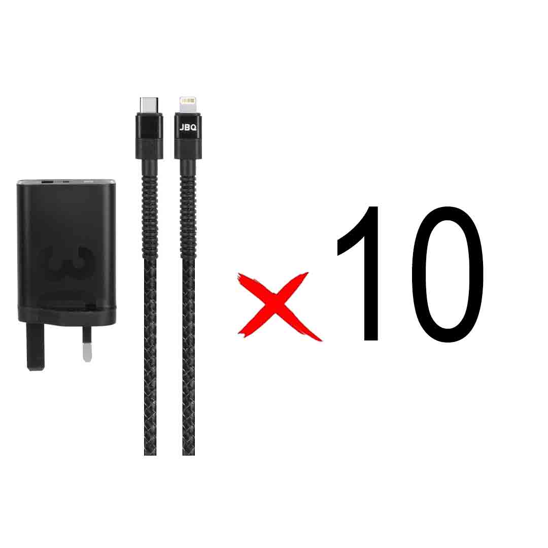شارژر دیواری فست دو پورت JBQ مدل HC-30w 30W همراه با کابل Type-C To Lightning - مشکی (بسته 10 عددی)